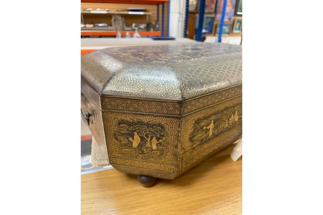 FINE CHINESE BLACK & GOLD LACQUER WORK BOX, 19th C., canted rectangular cushion form, fitted - Image 10 of 42