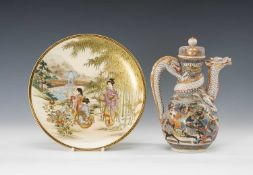 JAPANESE SATSUMA 'DRAGON' EWER & DISH, Taisho Period, former painted with fighting samurai warriors,