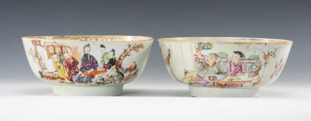 TWO 18TH CHINESE EXPORT FAMILLE ROSE PUNCH BOWLS, Qianlong, painted with figures in a continuous