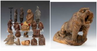 ASSORTED MAINLY JAPANESE SMALL MINGEI WOOD CARVINGS, wood netsuke of an eagle, bamboo carved
