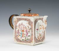CHINESE FAMILLE ROSE SQUARE TEAPOT, Qianlong, bamboo moulded borders, raised oval panels, short