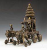 INDIAN BRONZE OX-DRAWN MODEL RATHA (CHARIOT), 20th C., containing seated figure of Parashurama