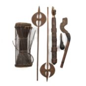 ASSORTED INDIAN & AFRICAN ARMS, including Afghan leather covered shot/powder flask, two Sufi