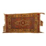 VINTAGE ANATOLIAN WOOL YASTIK, long, shaped geometric, and star flower medallion with green hooked