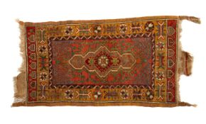 VINTAGE ANATOLIAN WOOL YASTIK, long, shaped geometric, and star flower medallion with green hooked