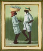 CLAUDE DAMBREVILLE (Haitian, 1934-2021) acrylic on canvas - Boy Meets Girl, two youths conversing,