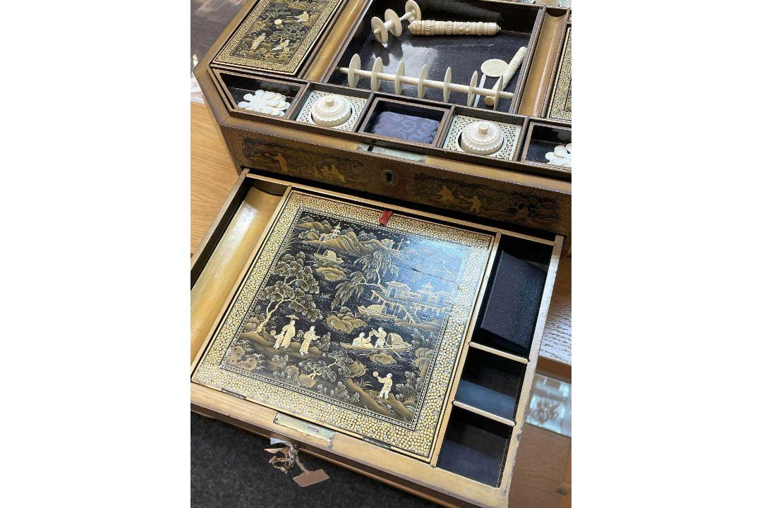 FINE CHINESE BLACK & GOLD LACQUER WORK BOX, 19th C., canted rectangular cushion form, fitted - Image 32 of 42