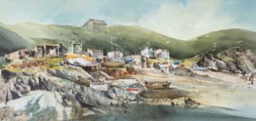 ‡ MALCOLM EDWARDS (b. 1934) watercolour - harbour scene with fishing huts and boats, signed, 33 x