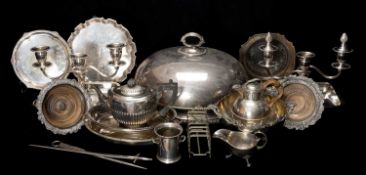 ASSORTED EPNS, including oval dish dome, pair 3-branch candelabra, Guernsey jug, bottle coasters,