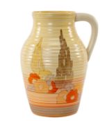 CLARICE CLIFF POTTERY LOTUS JUG, 'Orange Capri' pattern, handle with ribbed body, Bizarre printed