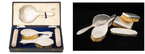 SILVER DRESSING TABLE WARES comprising boxed engine turned dressing table set comprising mirror,