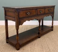 20TH C. STAINED OAK POT BOARD DRESSER BASE, 77 (h) x 138 (w) x 44cms (d)