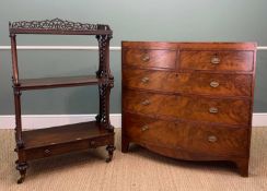 19TH C. CHEST & WHATNOT, the chest a crossbanded mahogany chest, shaped apron, 106 (h) x 113 (w) x