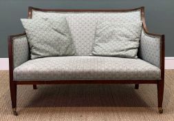 19TH C. MAHOGANY SETTEE, downswept arms, tapered square section front legs, brass castors, 84 (h)