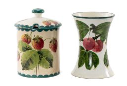 WEMYSS POTTERY PRESERVE JAR & VASE, former painted with wild strawberries, blue scalloped borders,