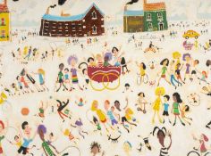 ‡ SIMEON STAFFORD (British, b. 1956) oil on canvas - many children playing before three buildings,