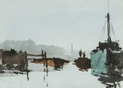 ‡ PETER BURMAN (b.1941) oil on card - untitled harbour scene with fishing boats and figures,