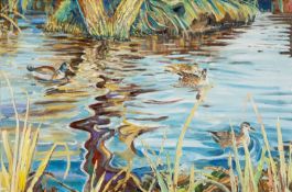 ‡ ALEX WILLIAMS (b.1942) oil on canvas - entitled verso 'Summer Duck Pond', signed with initials,