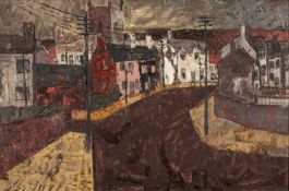 ‡ GWILYM PRICHARD (1931-2015) oil on board - entitled verso, 'Anglesey Village', signed, 49 x