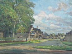 ‡ DONALD HENRY FLOYD (1892-1965) oil on canvas - village street scenes with figures, 68 x 89cms