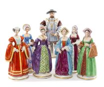 SET OF SITZENDORF HENRY VIII & SIX WIVES FIGURES, comprising Henry VIII, Ann Boleyn, Anne of Cleves,