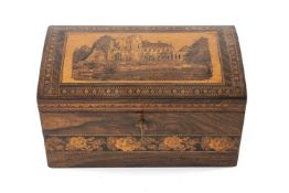 VICTORIAN TUNBRIDGE WARE TEA CADDY, slightly domed top decorated with view of Tunbridge Castle,