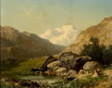 19TH C. EUROPEAN SCHOOL oil on board - Italian mountain landscape with figures, indistinctly signed,