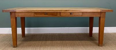 20TH C. FRENCH COUNTRY OAK DINING TABLE, two small side frieze drawers, tapering square legs, both