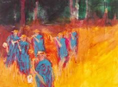 ‡ TOM NASH (1931-2013) acrylic on card - entitled verso, 'Festival, Fontvieille', signed, 35 x 48cms
