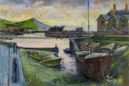 ‡ HYWEL HARRIES (1921-1990) oil on board - Aberystwyth harbour with fishing boats, signed and
