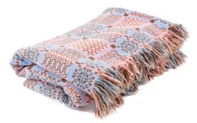 TRADITIONAL WELSH WOOLLEN TAPESTRY BLANKET, geometric design in pale blue, pink and brown,