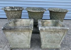 SELECTION OF COMPOSITE CONCRETE GARDEN PLANTERS comprising, three urns, 41 (h) x 34cms (dia.), two