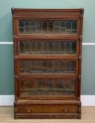 EARLY 20TH. C FOUR-TIER OAK GLOBE WERNICKE, leaded glass, carved columns, apron drawer, 148 (h) x 90