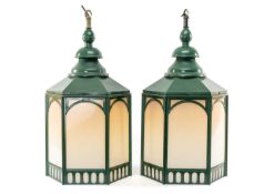 PAIR CARDIFF MARKET PAINTED COPPER LANTERNS, hexagonal section, probably manufactured by D.W.