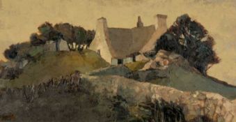 ‡ AUDREY HIND (b. 1936) oil on board - stone cottage, signed, 38 x 74cms