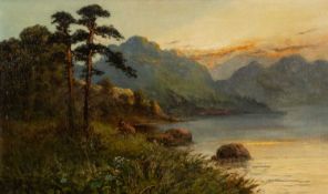 FRANK HIDER (British 1861-1933) oil on canvas - sunset over mountains beside lake with figure, 29