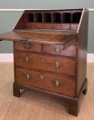 18TH C. SMALL OAK BUREAU, fitted interior, brass batwing escutcheons and drawer handles, high