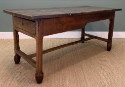 18TH C. JOINED OAK COUNTRY KITCHEN TABLE, probably Cardiganshire, triple plank top, end drawer, H-