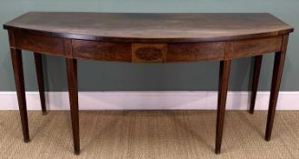 19TH C. MAHOGANY BOW FRONT SERVING TABLE, tablet centred flame mahogany frieze with central