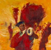 ‡ TOM NASH (1931-2013) acrylic on card - entitled verso, 'Jazz Against Yellow' on Attic Gallery