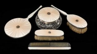 MATCHED SILVER & GUILLOCHE ENAMEL DRESSING TABLE SET, comprising mirror, two brushes, comb, jar