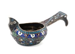 RUSSIAN CLOISONNE ENAMEL & SILVER GILT KOVSH, Moscow 1907-1926, cyrillic maker's mark 'MZ' and 84