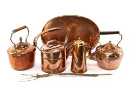 ASSORTED DOMESTIC COPPERWARE, including pair kettles and another, chocolate pot, oval tea tray,