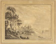 E MURRAY ink wash - entitled verso, 'Conwy Castle', signed and dated 1807, 22 x 29.5cms