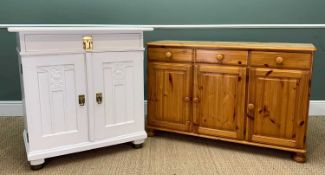 EARLY 20TH C. OAK CUPBOARD, carved panels, later applied brass 'Arts & Crafts' escutcheon and