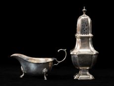 EDWARD VII SILVER SAUCE BOAT & GEORGE V CASTER, the sugare caster of priform, Walker & Hall,