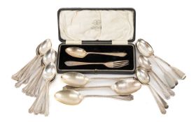 ASSORTED SILVER CUTLERY comprising cased Christening fork and spoon set, set of eighteen silver
