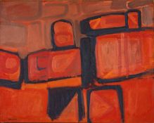 ALLAN LEARY (New Zealand, b. 1926) oil on canvas - abstract red landscape, signed, 61 x 77cms