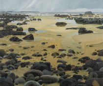 ‡ ROBERT A. FRASER (Welsh, 1932-2011) oil on board - beach at lowtide with figure on the shorline,