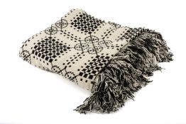 TRADITIONAL DYFFRYN WELSH WOOLLEN TAPESTRY BLANKET, geometric black & white design, fringed, with